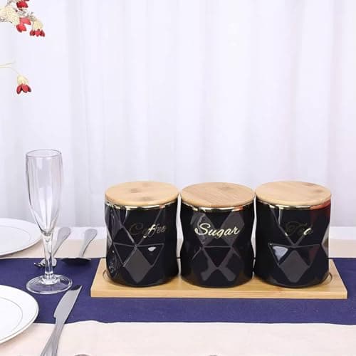 Generic Porcelain Spice Set, Black porcelain spice set with wooden lid and airtight seal, The set includes 3 jars on a wooden stand, Jars capacity: 550ml .mk