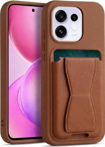 Leather Wallet Case (Compatible with Oppo Reno 16) With TPU Frame, Shockproof Protective Phone Case with Card Holder Stand (Brown) Cellular phone case