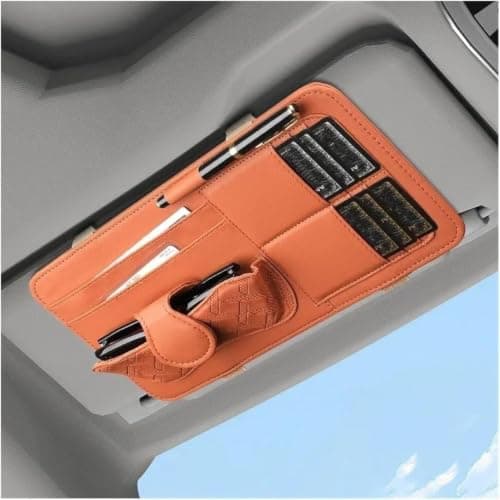Premium Leather Car Sun Visor Organizer, Sunglasses Holder, Pockets for | Built-in eyewear holder, card & pen pockets, easy eyebrow application, large storage capacity, stylish leather design
