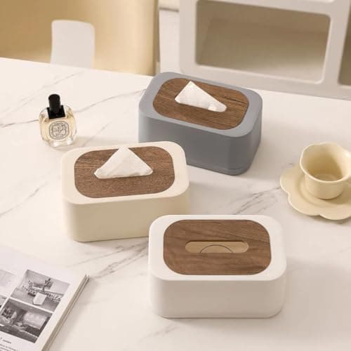 Generic Tissue Box with Wooden Lid, Creamy White, High-Quality Plastic and Wood, Modern Style for Home, .go