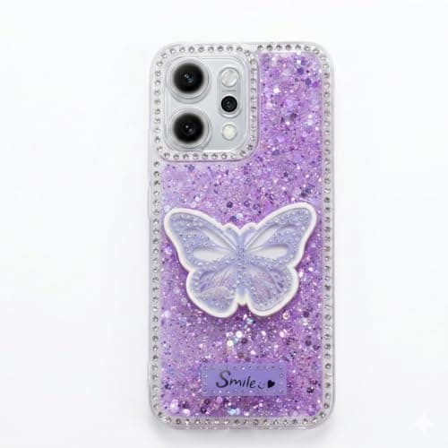 Butterfly Crystal For (Oppo Reno 14) Protective Case Glittery Back Cover Rhinestone Frame For Girls Shockproof Protection For Girls (Purple) Cellular phone case