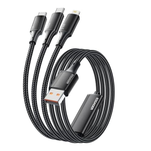 ESSAGER X50 Black 3-in-1 Fast Charging Cable 100W 7A USB-A to USB-C, iP, Micro USB Braided (SuperVooc, SuperCharge, FlashCharge) Cable for Samsung, iP, Huawei, HONOR, OPPO, VIVO, OnePlus, Realme Electronic cable