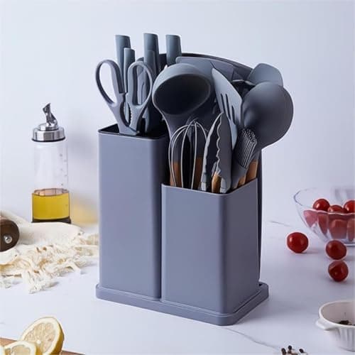 19 Piece Complete Chef Set Includes Stainless Steel Knives, Silicone and Wooden Utensils, Granite Blanche, Spatulas and Practical Holder for Easy and Organized Kitchen Preparation