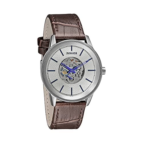 Sonata Watch for Men, Quartz Movement, Analog Display, Brown Leather Band Strap-7133SL01