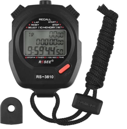 RS-3810 Sports Digital Stopwatch 10 Records Memory 1/100s Accurate Timer | 10 Time Memory, 1/100 Seconds Resolution, Timer & Clock, Built-in Carrying Lanyard, Roll-Off Mode