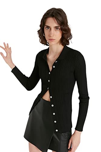 Trendyol Womens Black Mercerized Look Ribbed Polo Neck Knitwear Cardigan Twoaw20Hi0070 Cardigan (pack of 1)