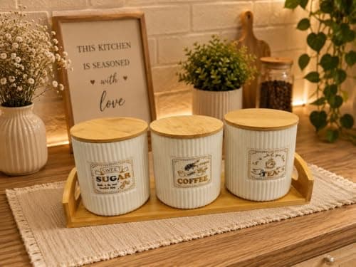 Generic Sugar, Coffee and Tea Canister Set with Bamboo Lids and Wooden Stand, White, Ribbed, 3 Piece, .Ais Food storage container