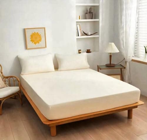 Generic Plain White Fitted Sheet Set, 160 cm, with Elasticated Hem, 4-Piece Set with Pillowcase and Cushion Covers, .ms