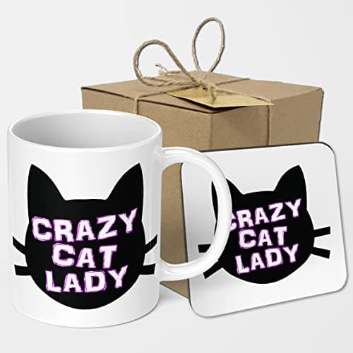 Crazy Cat Lady Mug & Coaster Set - 11oz Ceramic Coffee/Tea Cup for Christmas, Birthday, Secret Santa, Mother’s Day or Father’s Day Gift Drinking cup