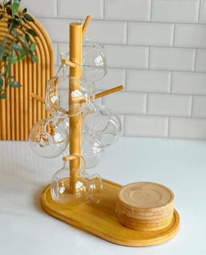 Generic Bamboo Mug Tree Holder with 6 Hooks and Tray, 30x17 cm, Height 35 cm, .sa