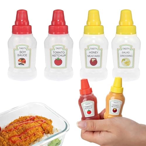 Yedadone 4 Pieces Mini Ketchup Bottles with Sturdy Screw Cap 25ML Mini Condiment Squeeze Bottles Plastic Sauce Container (2 Yellow + 2 Red)