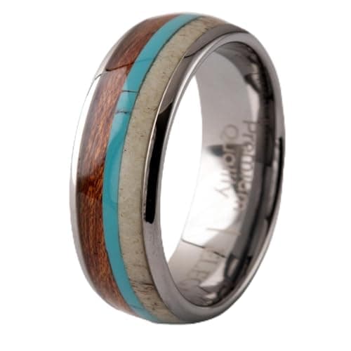 Silver Tungsten Carbide Ring inlaid with natural koa wood, natural deer ivory and turquoise gemstone A121
