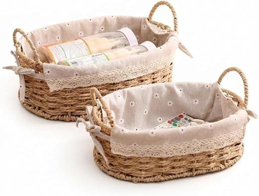 2 Pieces Oval Braided Rattan Basket with Embossed Linen Fabric Cover and Joubir Skirt Set for Storage and Organization A Storage bag