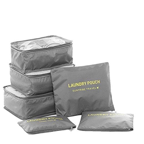 6 in 1 Luggage Organizer, shoppingjy Bags Compression Luggage Organizer Travel Cubes Packing 6 Units (3 Mesh Bag, 3 Laundry Bag),Suitcase Organizers Travel Ideal for Organizing Hand Suitcases (Grey) Storage bag
