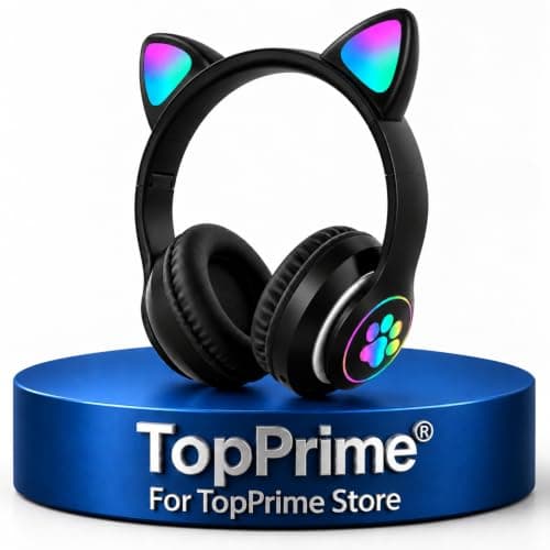TopPrime High Quality Cat Headphones with LED Lights and Cat Ears, Bluetooth V5.0 Wireless Headphones for Boys Girls with Volume Limiting, Answer Calls, Over Ear, Black