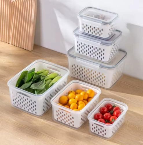 Generic Refrigerator Storage Container Set, Food-Grade Plastic, with Drainer Basket, Microwave and Freezer Safe, 5 Pieces, 800/1700/3150/4150/6200 ml, .KI