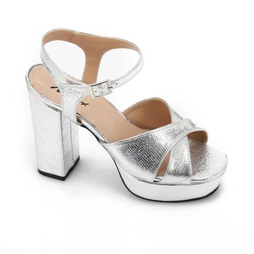 Women's Block Heel Metallic Sandals - Croc Pattern - Black | Soft Inner Cushioning, Formal & Party Wear, Metallic Finish, Timeless Classic Style, Lightweight & Durable Shoes