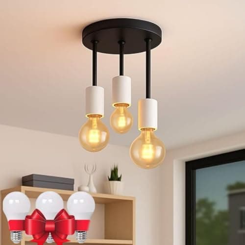 Hanging Ceiling Light, 3 Light, Industrial Design, with 3 Free Gift Bulbs, Round Base, with LED Lights (Black*White) Light fixture