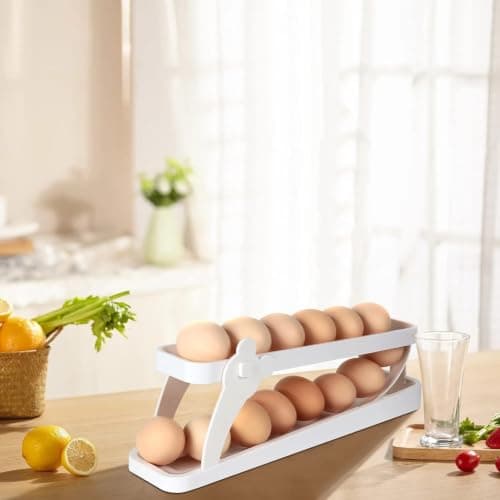 2-Tier Smart Rolling Egg Holder for Fridge Kitchen Storage Fits 14 Eggs Item stand