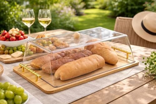 Generic Bread and Pastry Storage Serving Box with Transparent Lid and Wooden Base, Clear and Natural, .sa
