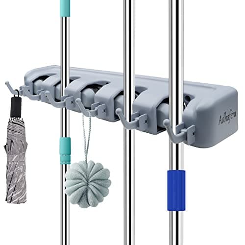 Adhafera Broom Holder Wall Mounted, Mop Holder Tidy Organizer, Mop and Broom Holder, Utility Room Storage Solutions, Brush Holder with 5 Positions and 6 Hooks, for Garage Garden Kitchen Tools Storage Storage rack