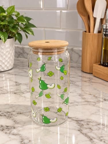 Green Pear & Clover Glass Can Cup with Bamboo Lid Fruit Print Design, Can-Shaped Glass, Straw Hole Lid, Kitchen Drinkware, Clear Glass Body