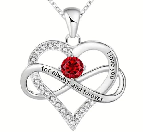 Stainless Steel Heart Infinity Necklace with Red Crystal, I Love You for Always and Forever Engraved Pendant