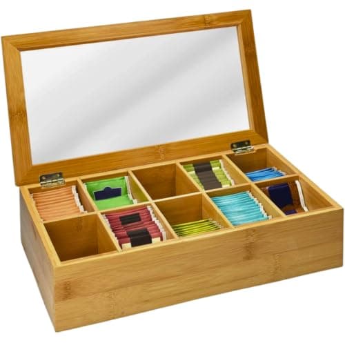 Large Bamboo Tea Box Organizer With 10 Compartments Wooden Tea Bag Storage Chest Transparent Acrylic Lid Multi Purpose, Container For Tea Bags Coffee Condiments Sugar Packets Jewelry Accessories