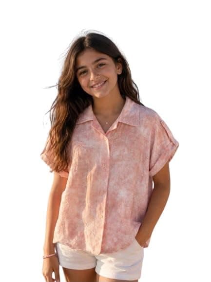Billion Girls Casual Short-Sleeve Button-Up Shirt With Cuffed Sleeves And Lapel Collar, Summer Top, SG26-315