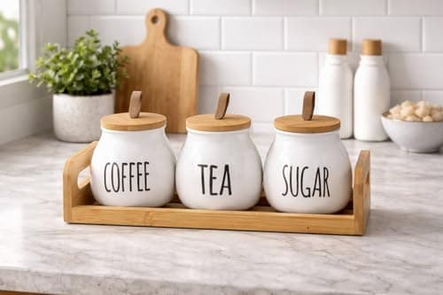 Generic Coffee, Tea and Sugar Canister Set with Lids and Wooden Stand, White, 500ml, 3 Piece, .bs Food storage container