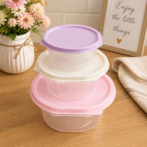 Generic Food Storage Container Set, 3 Pieces, Round, with Air-Tight Lids, for Vegetables, Fruits and Leftovers, Pink, Purple and Cream, .Ais