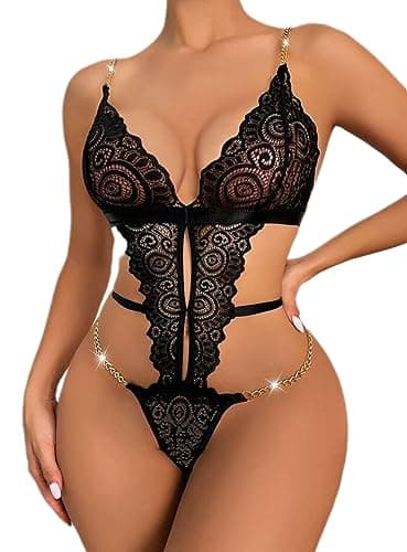 NF22-053 Women's Sexy Lace Lingerie Bodysuit One Piece Gold Chain Detail Multicolor Leotard