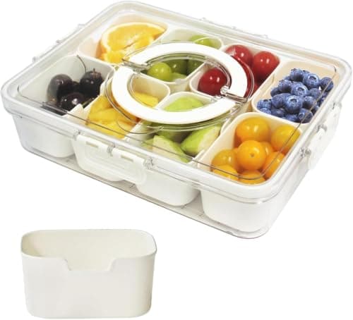 Clear Acrylic Refrigerator Organizer for Fruits and Vegetables Airtight Storage Box with Four Internal Strainers Fruit Forks Spoons and Top Handle