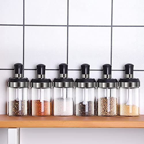 Luxansa Pack of 6 Borosilicate Spoon Glass Jar Salt Condiment Jars, Pickle Jar Set, Spice Seasonning Jar with Spoon Airtight Attached Lid Storage Container For Kitchen - 250 ML Food storage container