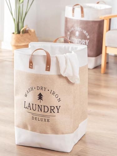 Generic Laundry Storage Basket with Leather Handles, Beige and White Two-Tone Design, Collapsible Organizer for Clothes, Toys, .soh Laundry hamper