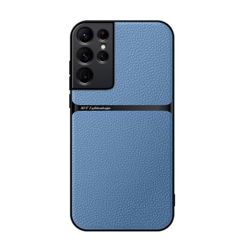 Case For(Compatible With Samsung S21 Ultra) Litchi Leather Magnetic Full Coverage Shockproof Pho Premium Leather TPU Silicone Hybrid Texture Is Non-Slip And Shockproof Phone Case Cover (Light Blue)