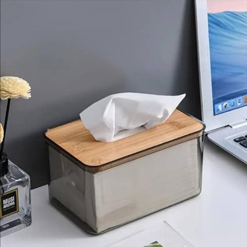 Generic Acrylic Tissue Box with Wooden Lid, Shatter-Resistant, for Office, Desk and Bedroom, 18 x 11.8 x 10 cm, .sa Facial tissue holder