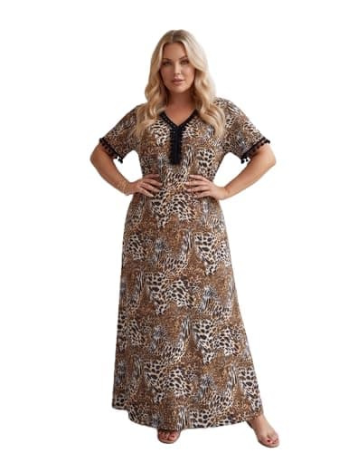 Sundus Homewear Women's Summer Reception Abaya "Cleopatra Tiger" - Ultra Soft Pure Floral Cotton Material - Casual Half Pom Sleeve - Comfy Fit 60 to 90 KG (SONDOS FOR HOMEWEAR) Apparel
