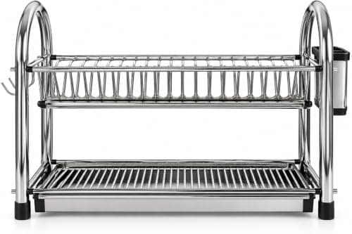Metal & Plastic Dish Rack – Dish Organizer with Hooks for Mugs, Spoon Strainer, Draining Drawer – Easy to Disassemble, Install and Clean AM