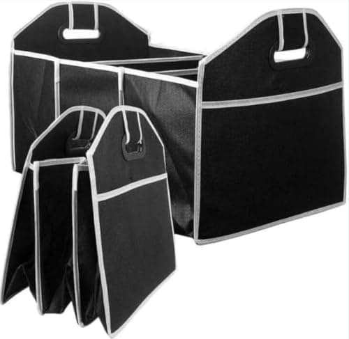 Foldable Car Trunk Organizer Heavy Duty Fabric Storage Box with 3 Large Compartments and Side Pockets Multi-Purpose Portable Vehicle Cargo Container Caddy