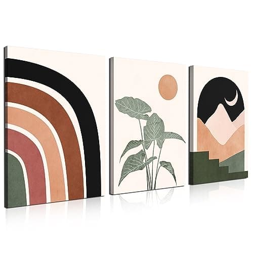 Gisipameis Framed Boho Wall Art Set of 3, Mid Century Modern Decor, Minimalist Black Beige Botanical Boho Bathroom Decor Wall Art 12" x 16" Canvas Prints Ready To Hang for Bedroom Living Room (Boho