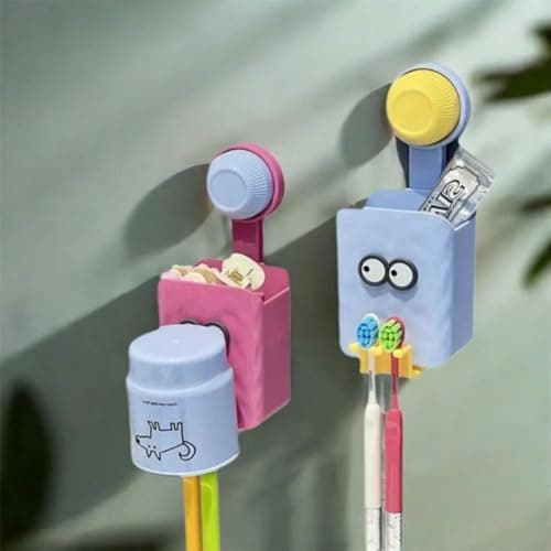 Toothbrush Organizer - Cute Handy Design A sweet shape for your bathroom + very practical Bathroom organizer - adhesive toothbrush and toothpaste holder with a box for small items