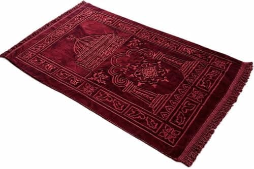 Velvet Prayer Mat with Rubber Fasteners Large Size - 80x117cm, Polyester (Maroon) Rug