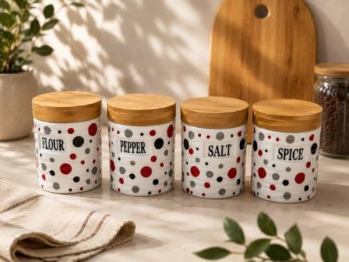 Generic Jar Set with Wooden Lids, Flour Pepper Salt Spice, .rom Food storage container