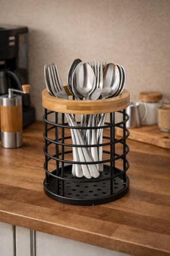 Generic Metal Cutlery Holder with Bamboo Top, Black Wire Caddy for Forks and Spoons, Perforated Drainage Base, .sa
