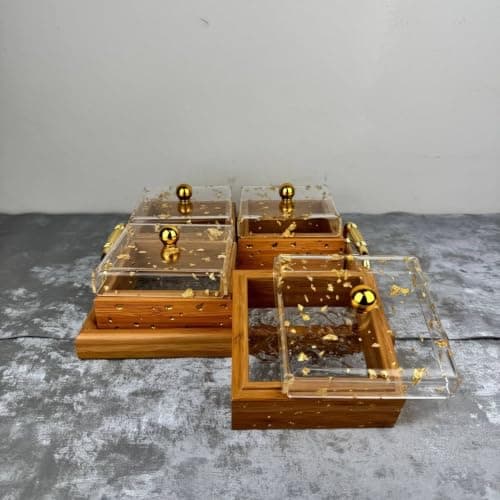 Generic Snack set with a wooden base and a clear acrylic lid with golden details, clear lids with golden handles, Suitable for nuts, dates, sweets, and snacks, .bar Food storage container