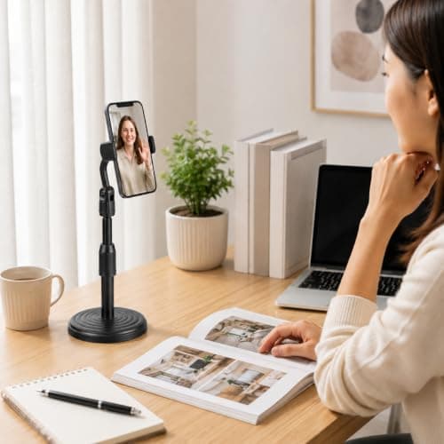 Mobile Phone Stand 360 Degree Rotatable Adjustable Desk Holder Height Adjustable up to 30 cm Plastic Mount for Office Home Table Video Calls Online Meetings Streaming Viewing Reading Hands Free