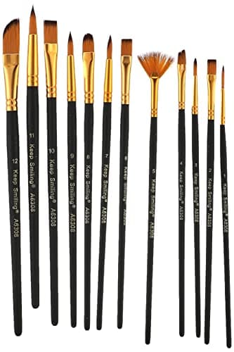 Keep Smiling Professional Artist Paint Brush Set of 12 Different Shapes Multi Functional for Canvas, Watercolor, Oil and Acrylic Painting - Black/Gold Office products