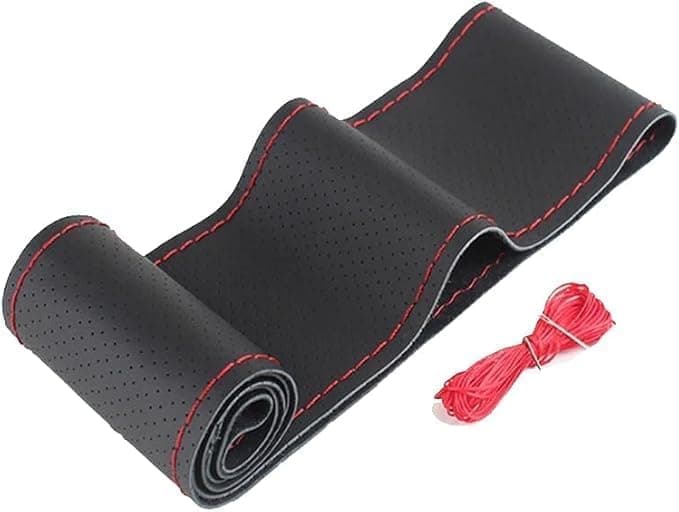Car Steering Wheel Cover, Cloth and Stitching, Leather, Breathable, Anti-Slip, Soft and Comfortable, Fits All Cars – (Black and Red Thread)