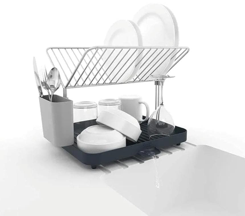 Generic 2-Tier Dish Rack with Draining Tray and Cutlery Holder, Metal and Plastic, Grey and Silver, .sa Drying rack